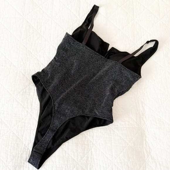 NEW POPILUSH Shapewear Ruched Metallic Knit Square Neck Slimming Bodysuit Black - Picture 7 of 7